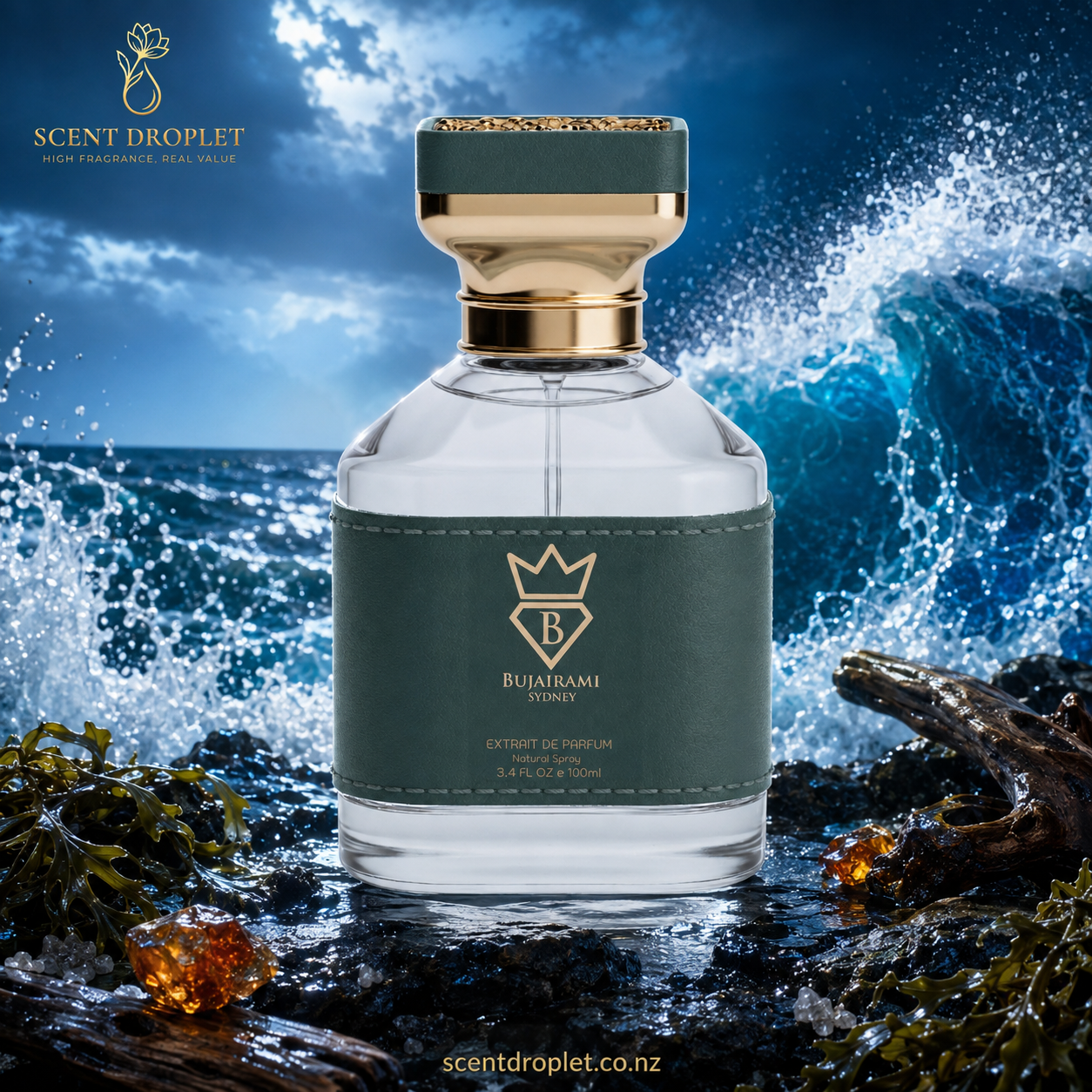 Ocean Eyes by Bujairami Extrait de Parfum bottle against dramatic ocean waves with seaweed and amber