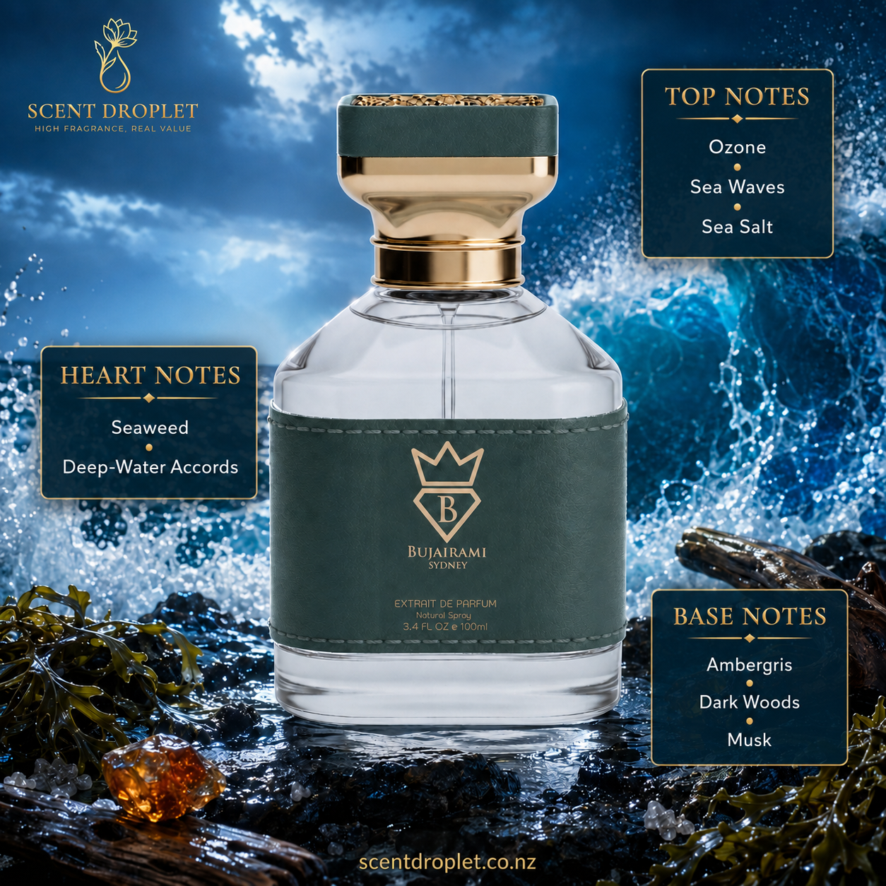 Ocean Eyes by Bujairami Extrait with fragrance notes - Top: Ozone, Sea Waves, Sea Salt | Heart: Seaweed, Deep-Water Accords | Base: Ambergris, Dark Woods, Musk