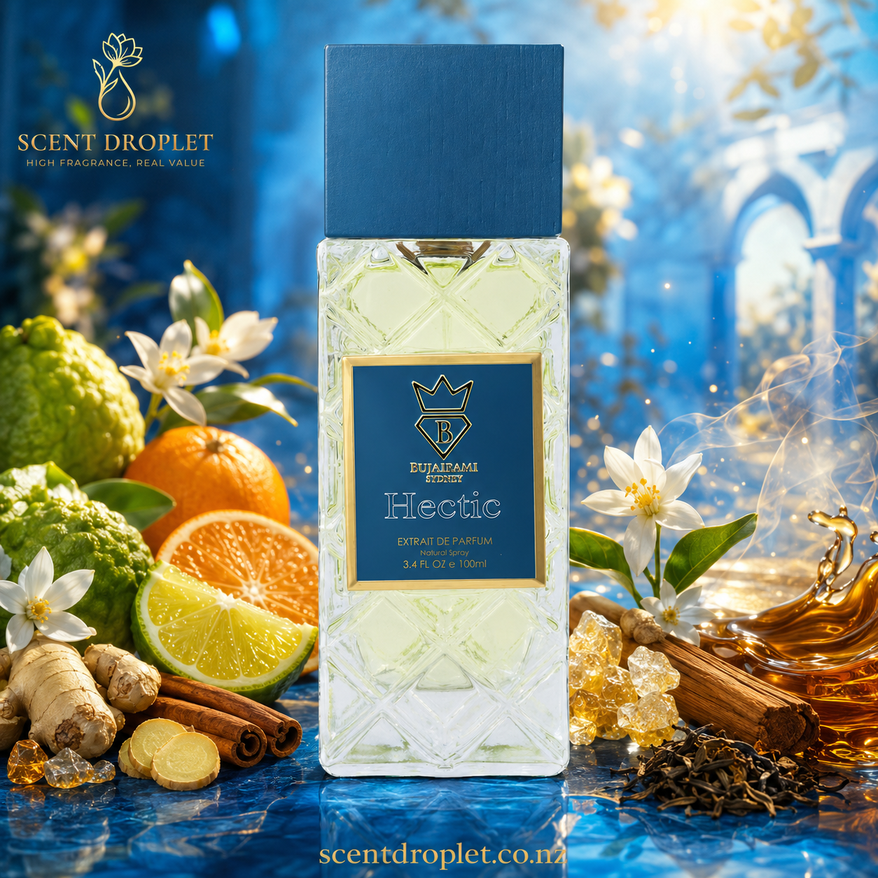 Hectic by Bujairami Extrait de Parfum bottle surrounded by citrus, neroli flowers, ginger, cinnamon and black tea