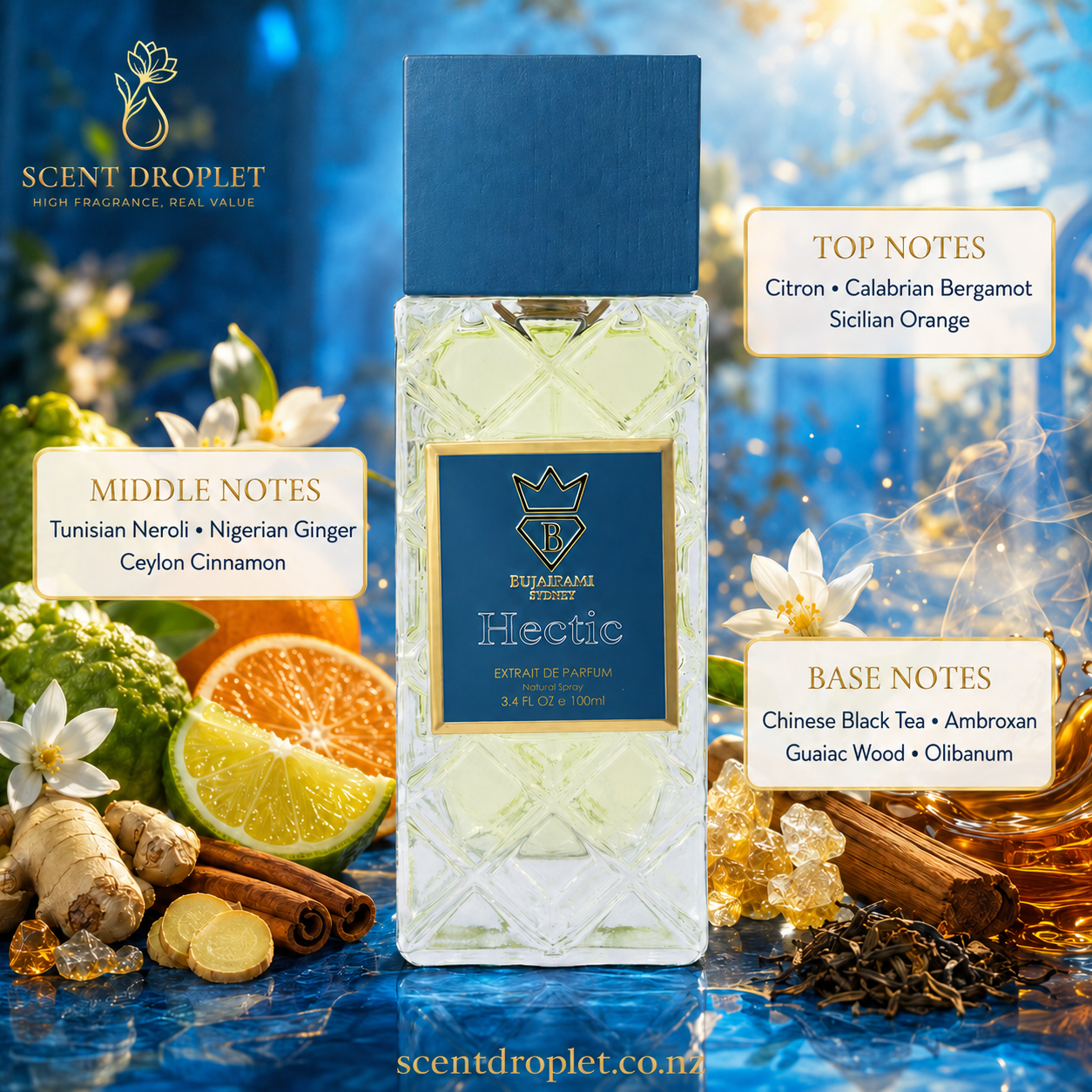 Hectic by Bujairami Extrait with fragrance notes - Top: Citron, Calabrian Bergamot, Sicilian Orange | Heart: Tunisian Neroli, Nigerian Ginger, Ceylon Cinnamon | Base: Chinese Black Tea, Ambroxan, Guaiac Wood, Olibanum