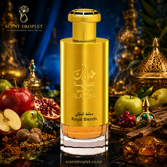 Lattafa Khaltaat Al Arabia Royal Blends EDP gold bottle surrounded by apples, pomegranate, mixed fruits, spices and amber