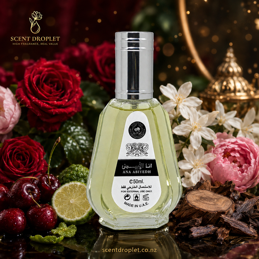 Ard Al Zaafaran I Am White EDP bottle surrounded by roses, cherry, jasmine, peony and oud wood