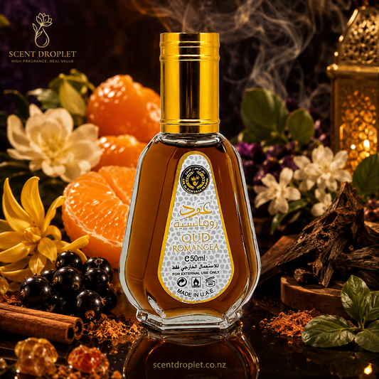 Oud Romancea by Al Zaafaran EDP bottle surrounded by mandarin, blackcurrant, jasmine, cinnamon and oud wood