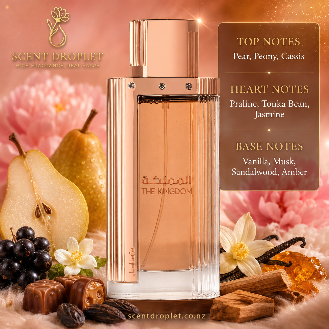 The Kingdom by Lattafa EDP bottle with pear, cassis, jasmine and amber ingredients