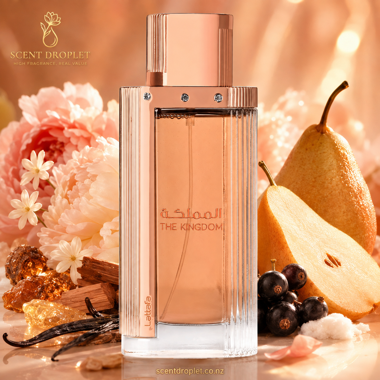 The Kingdom by Lattafa EDP – notes card showing Pear, Peony, Cassis, Praline, Tonka Bean, Jasmine, Vanilla, Musk, Sandalwood, Amber