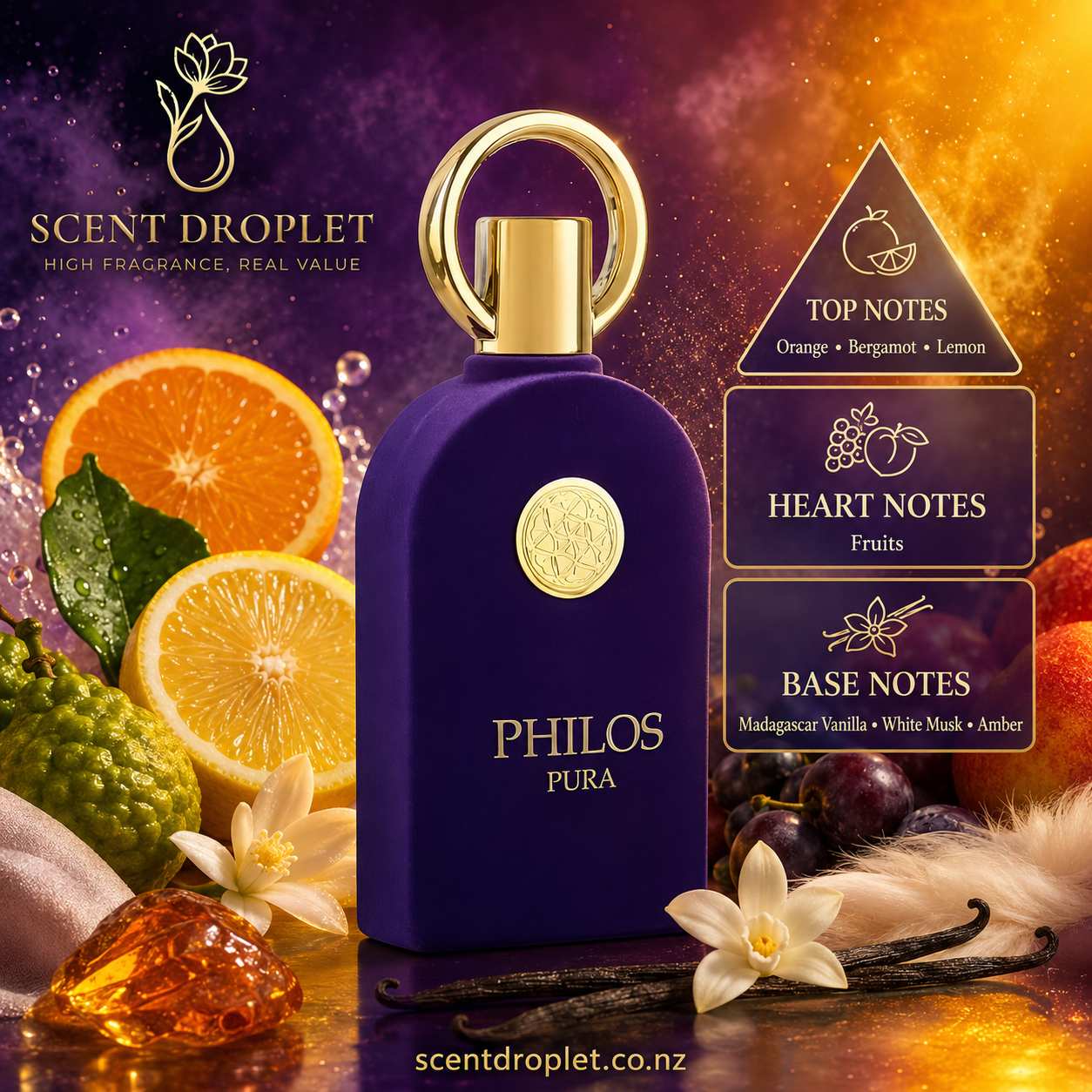 Philos Pura by Maison Alhambra EDP – Scent Droplet fragrance notes infographic