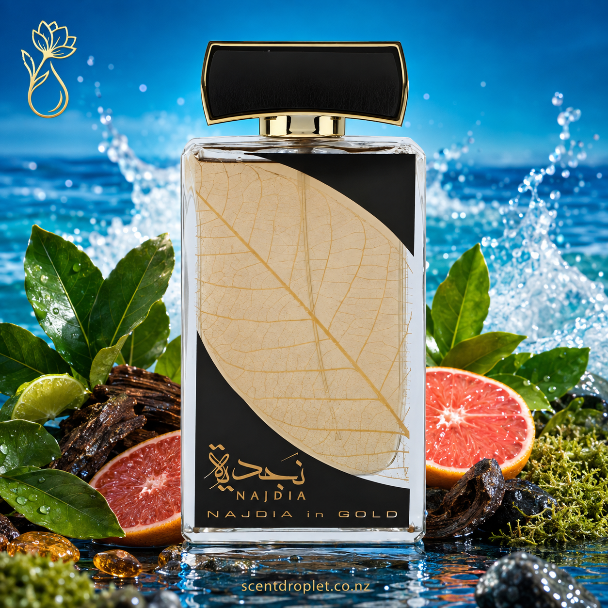 Najdia in Gold by Lattafa EDP – clear bottle with black cap surrounded by grapefruit and bay leaf