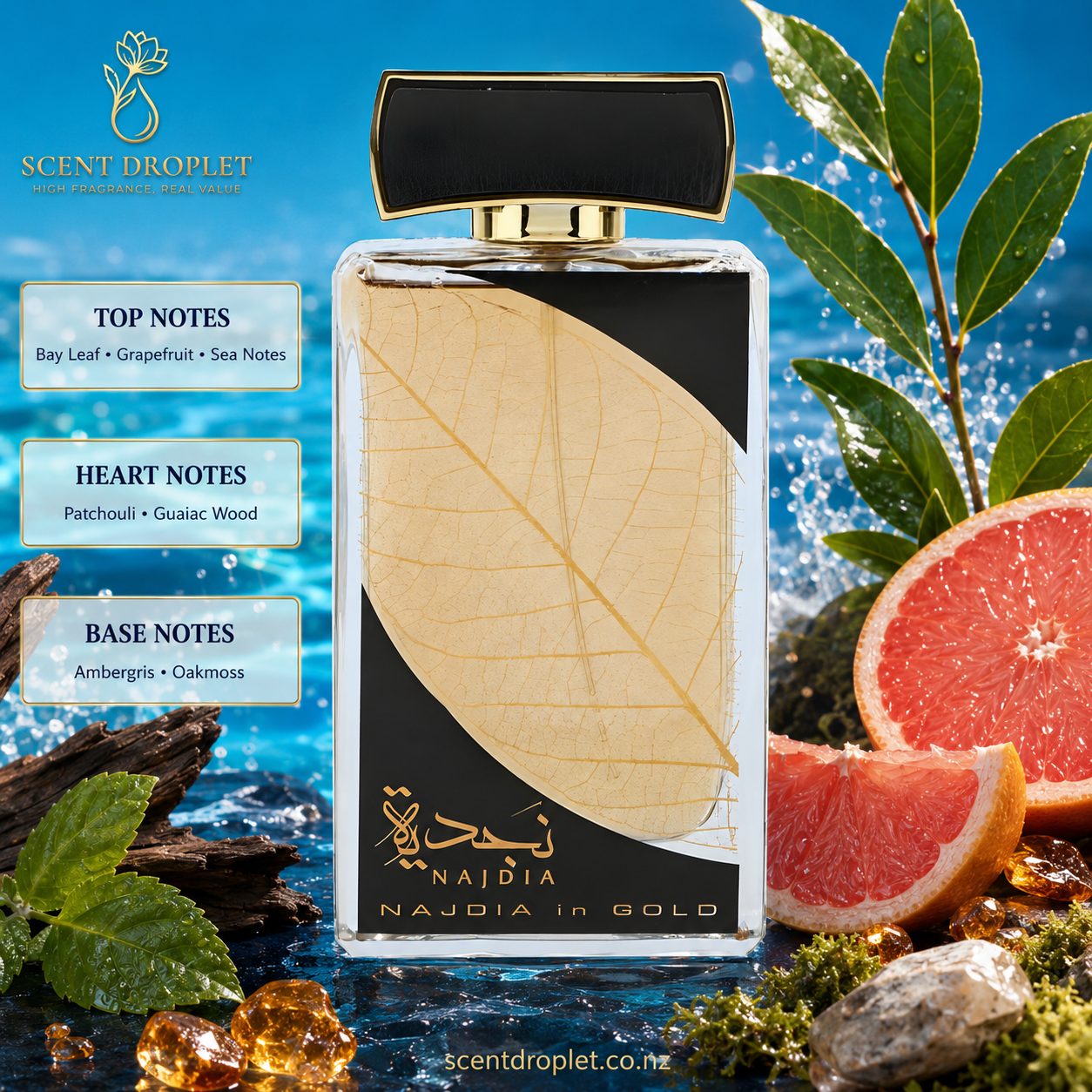 Najdia in Gold by Lattafa EDP – Scent Droplet fragrance notes infographic