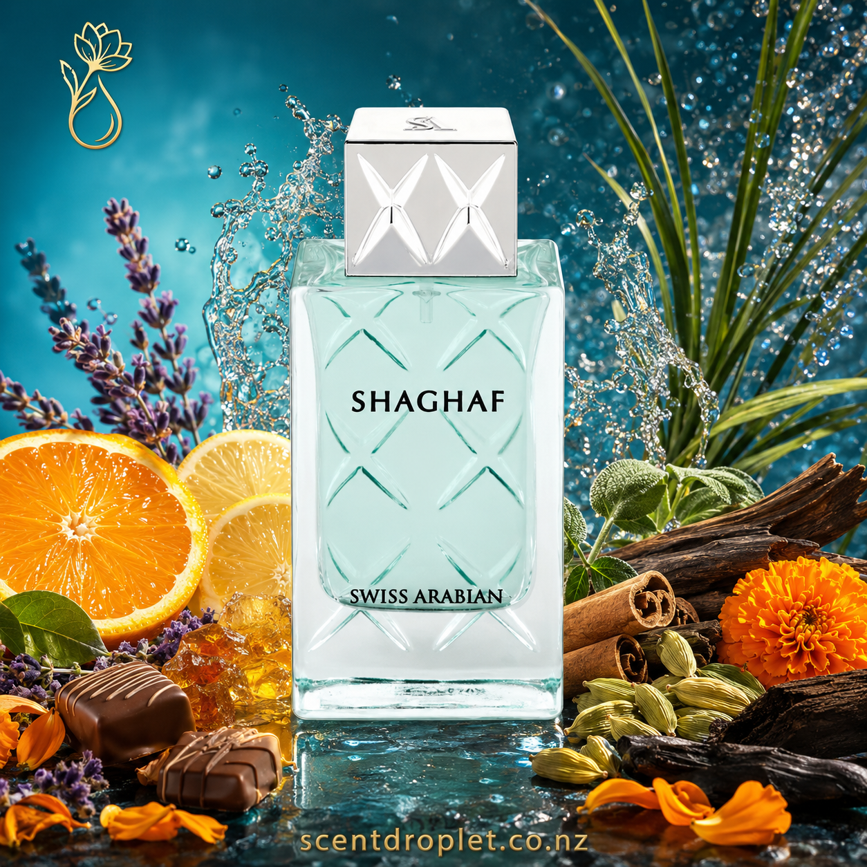 Shaghaf Men by Swiss Arabian EDP – teal bottle with citrus, spices and florals