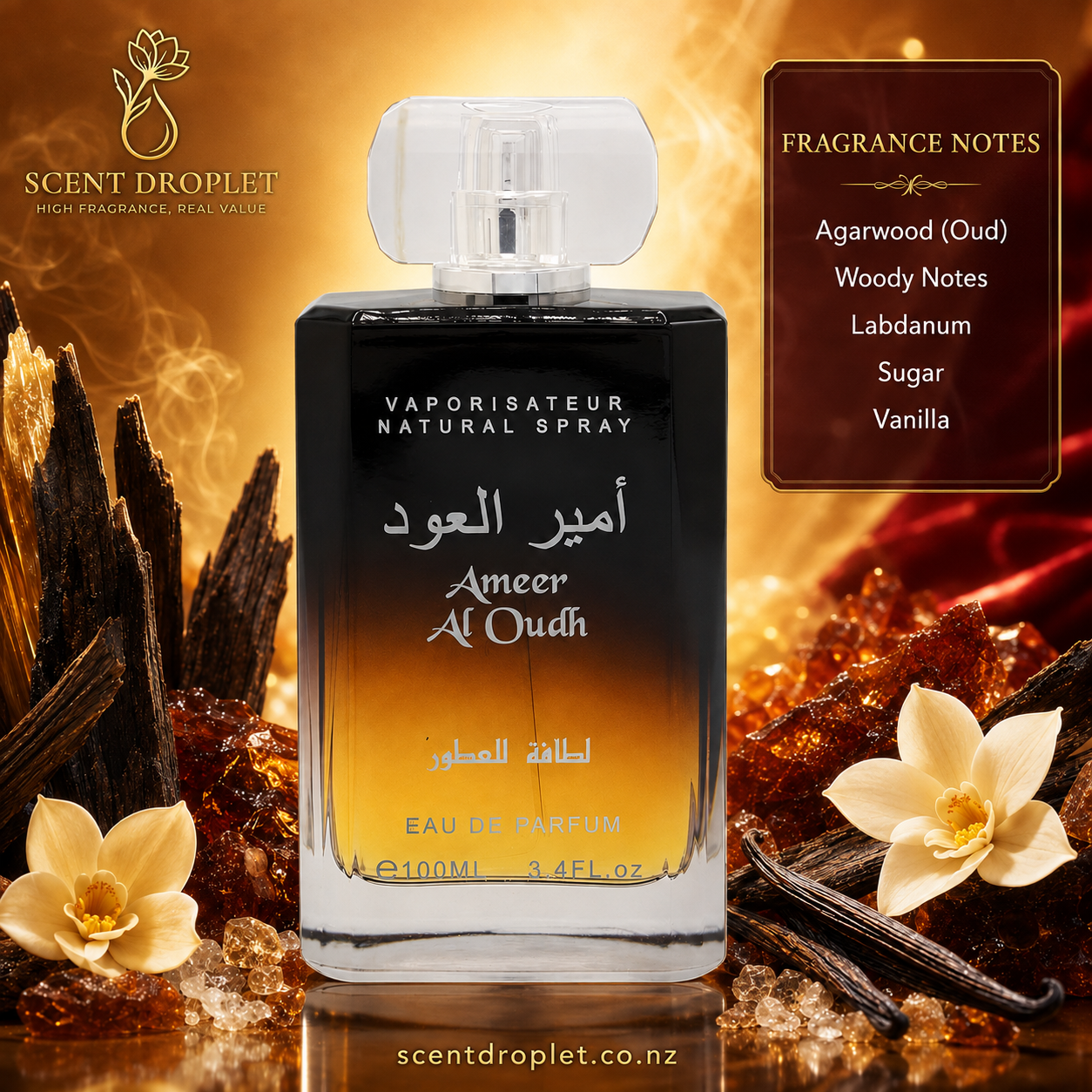 Ameer Al Oudh by Lattafa EDP – Scent Droplet fragrance notes infographic
