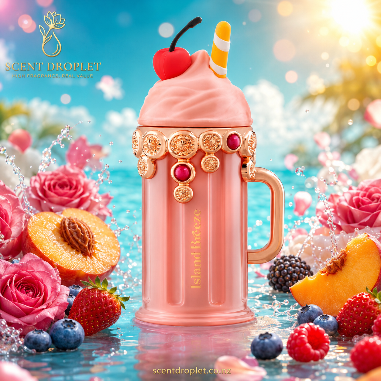 Delights Island Breeze by Armaf EDP – pink milkshake-style bottle with peach, berries and roses