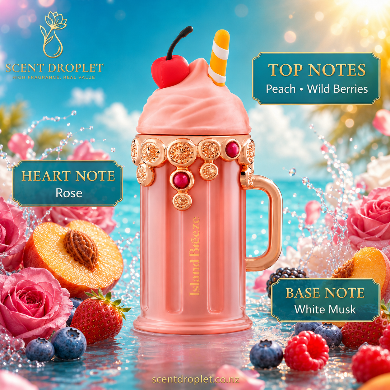 Delights Island Breeze by Armaf EDP – Scent Droplet fragrance notes infographic