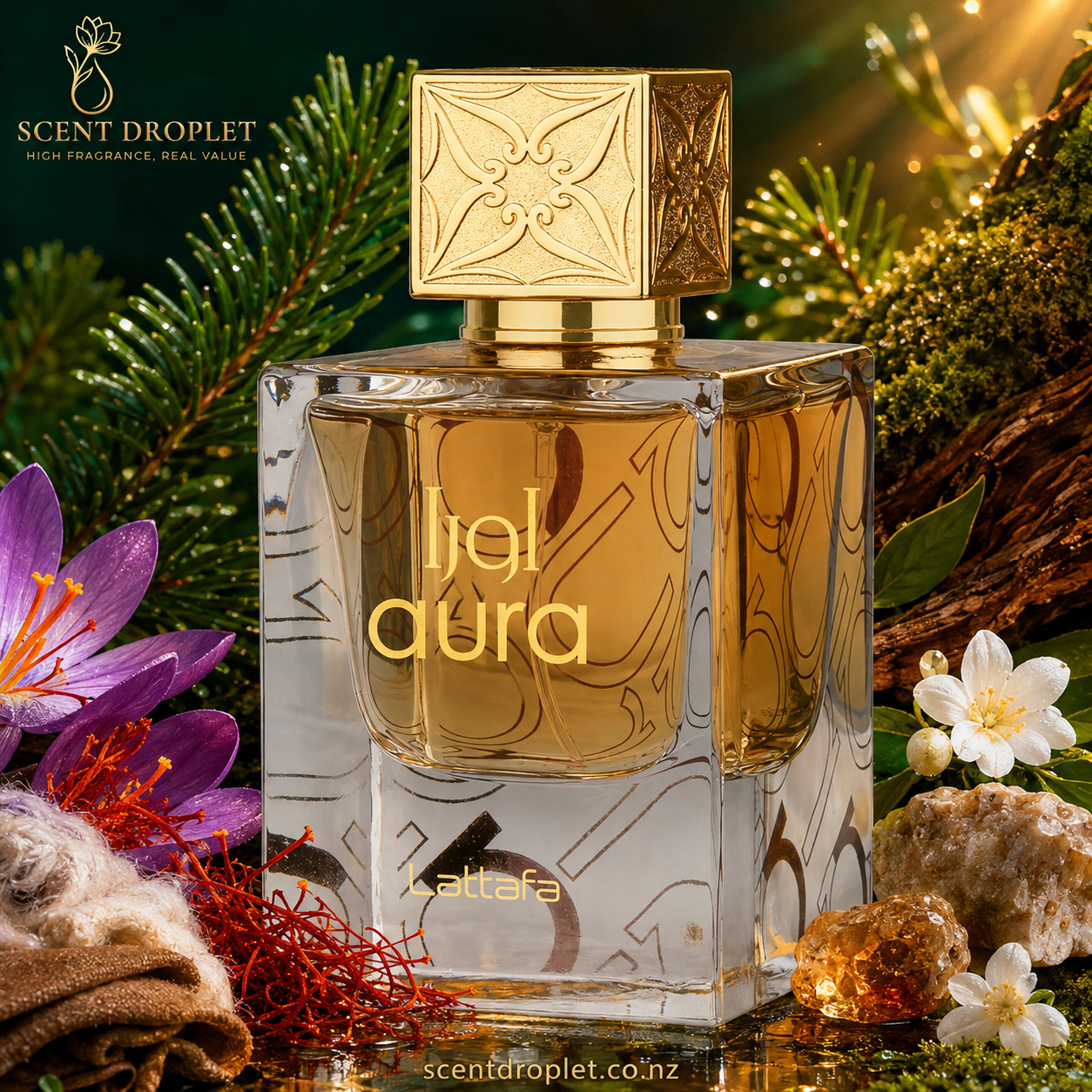 Aura by Lattafa EDP – clear square bottle with gold cap surrounded by saffron, jasmine and cedarwood