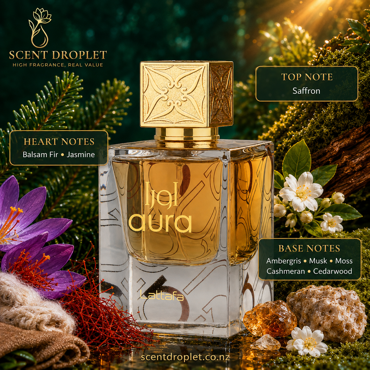 Aura by Lattafa EDP – Scent Droplet fragrance notes infographic