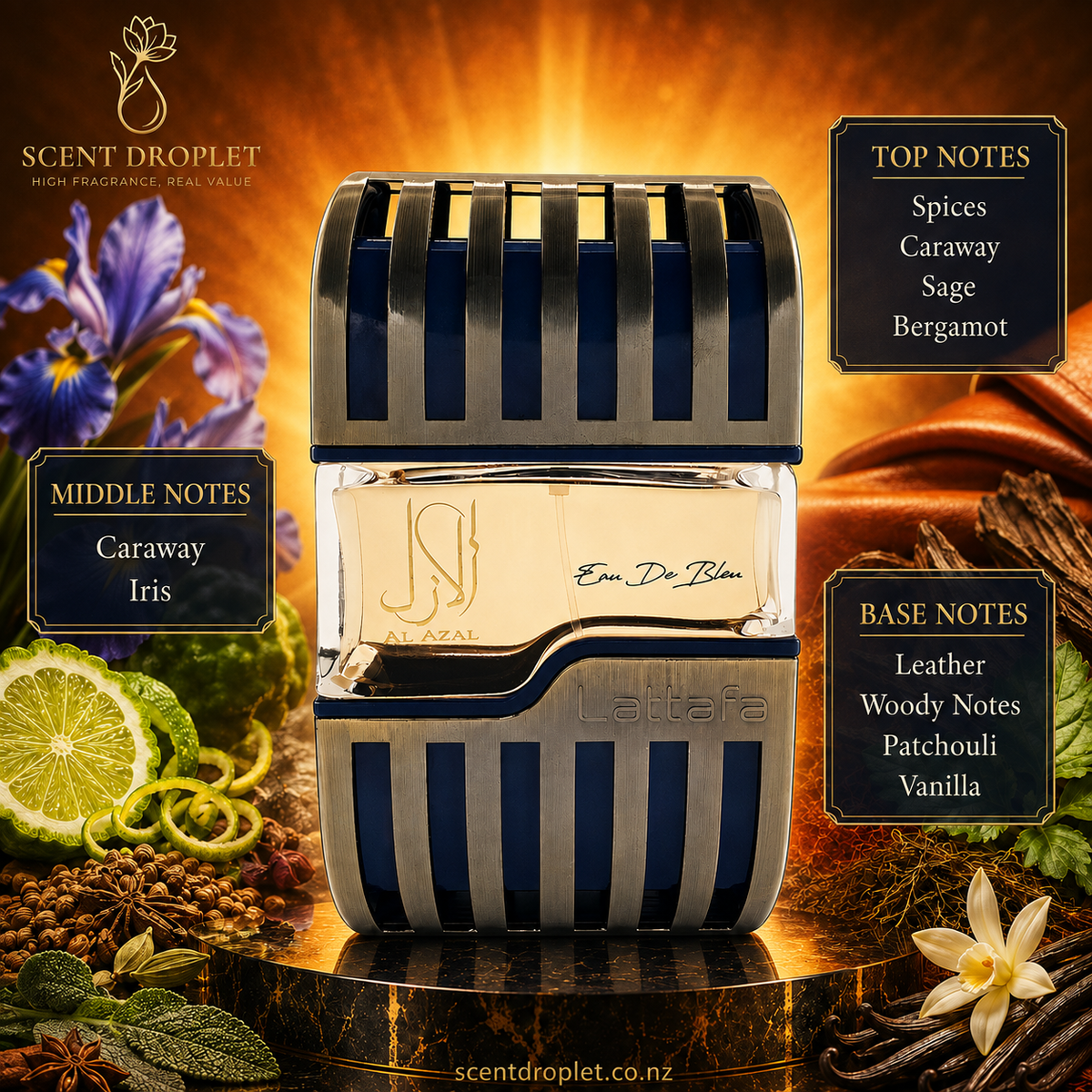 Al Azal by Lattafa EDP fragrance notes – Top: Spices, Caraway, Sage, Bergamot | Heart: Caraway, Iris | Base: Leather, Woody Notes, Patchouli, Vanilla