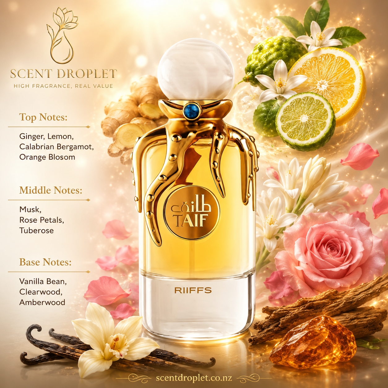 Taif by Riiffs Extrait de Parfum bottle with ingredients - Scent Droplet