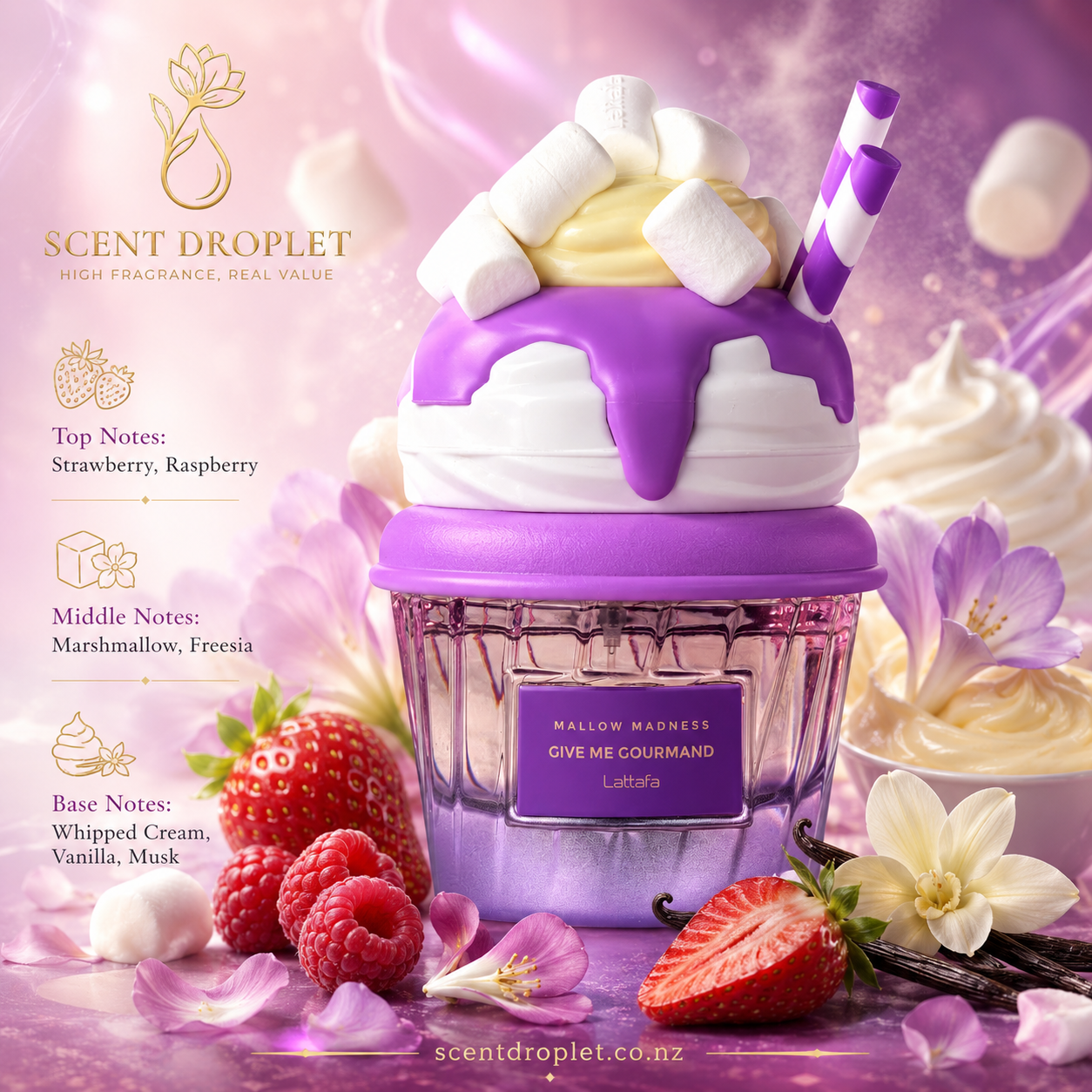 Give Me Gourmand Mallow Madness by Lattafa - Notes: Strawberry, Raspberry, Marshmallow, Freesia, Whipped Cream, Vanilla, Musk