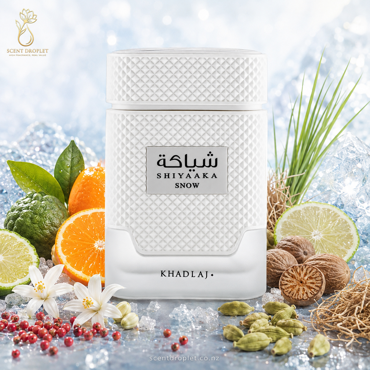 Shiyaaka Snow by Khadlaj Eau de Parfum bottle with citrus and spice ingredients