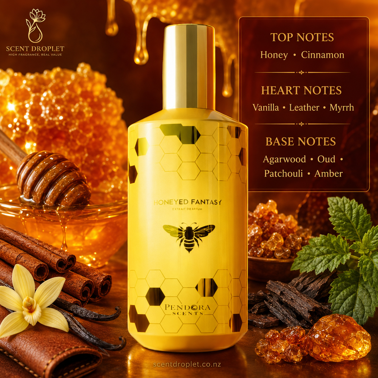 Honeyed Fantasy by Paris Corner fragrance notes - Honey, Cinnamon, Geranium, Leather, Vanilla, Myrrh, Patchouli, Amber, Agarwood