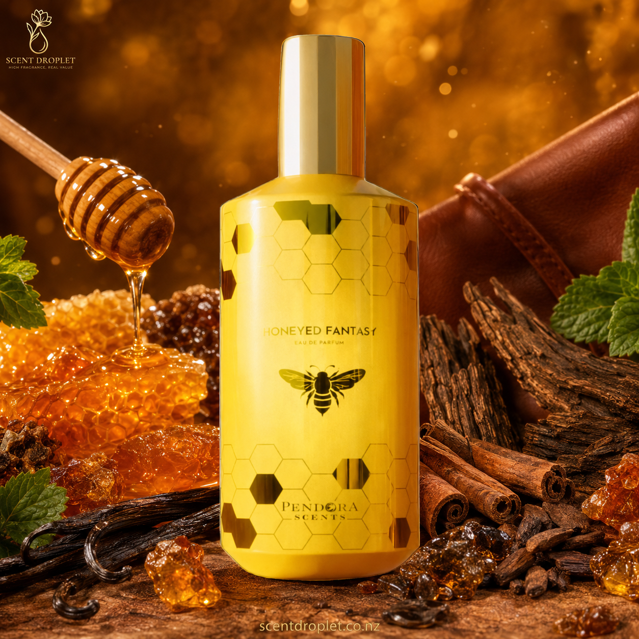 Honeyed Fantasy by Paris Corner Pendora Scents EDP bottle with honey and spice ingredients