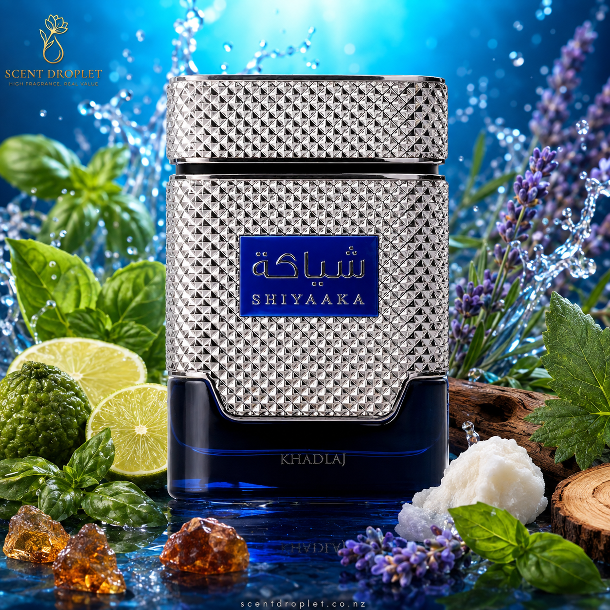 Shiyaaka Blue by Khadlaj EDP bottle surrounded by bergamot, lime, basil and lavender ingredients