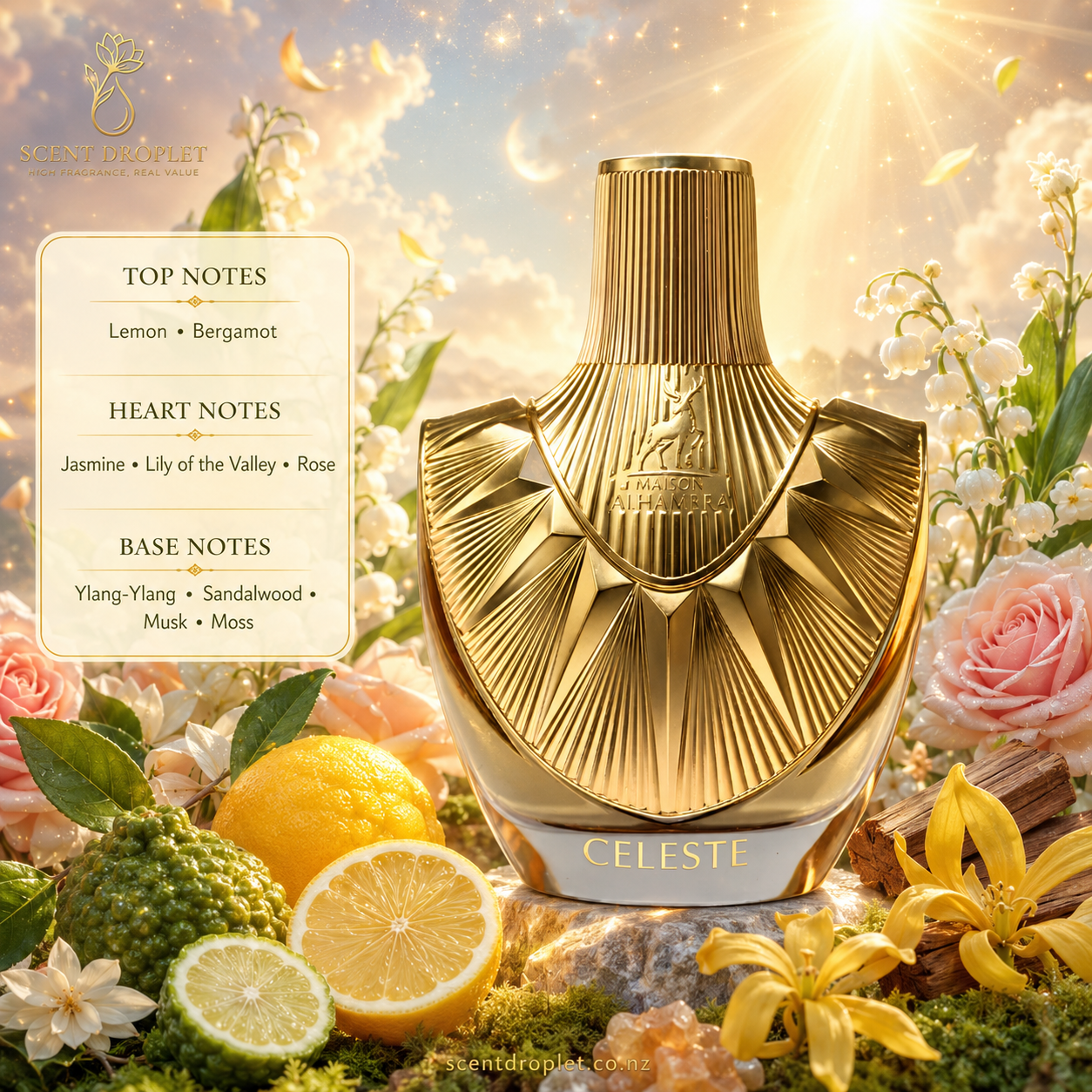 Celeste by Maison Alhambra fragrance notes - Lemon, Bergamot, Jasmine, Lily of the Valley, Rose, Ylang-Ylang, Sandalwood, Musk, Moss
