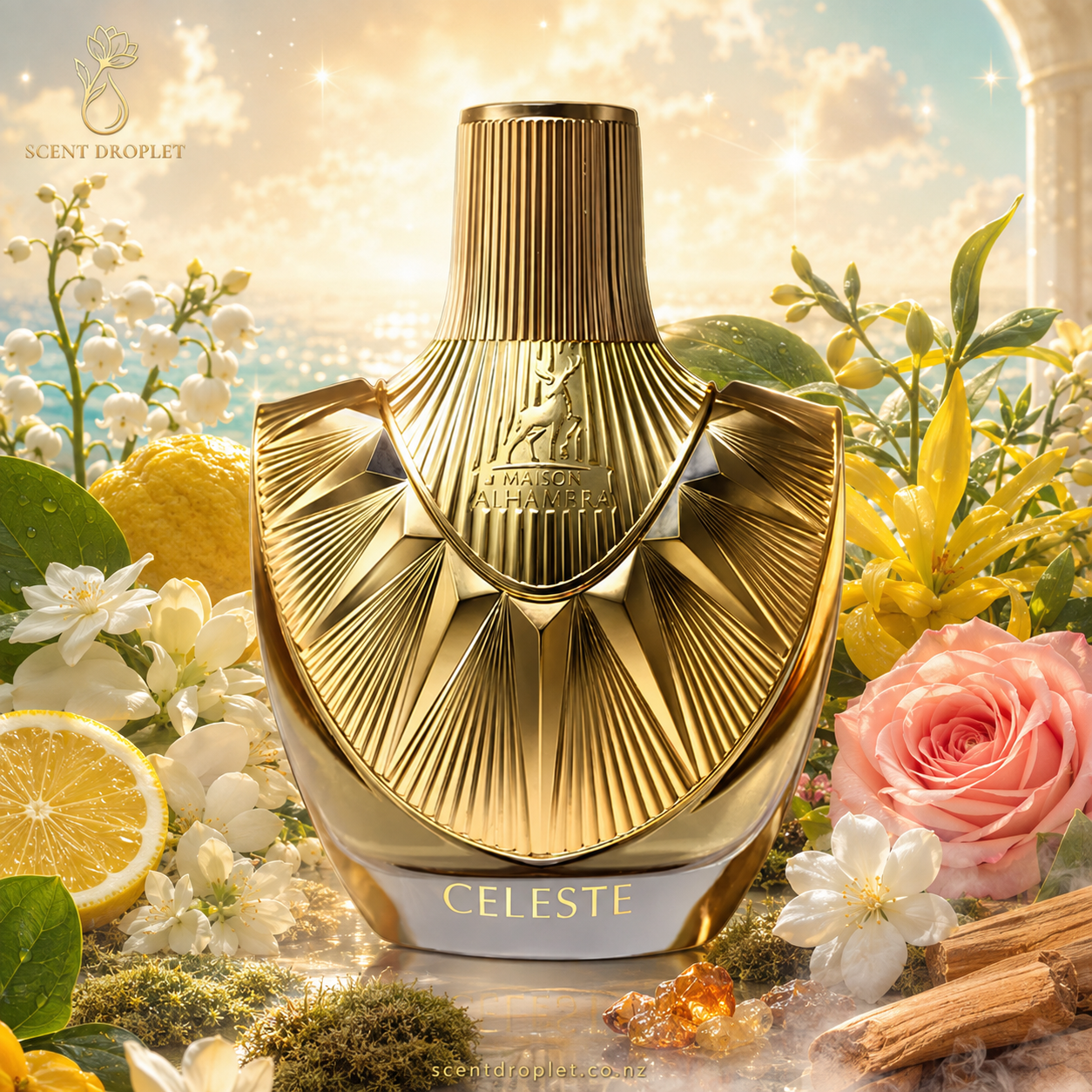 Celeste by Maison Alhambra EDP bottle surrounded by lemon, bergamot, jasmine and rose ingredients