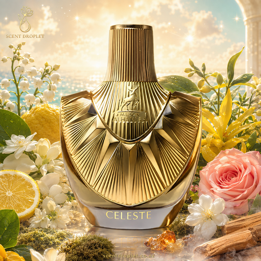 Celeste by Maison Alhambra EDP bottle surrounded by lemon, bergamot, jasmine and rose ingredients