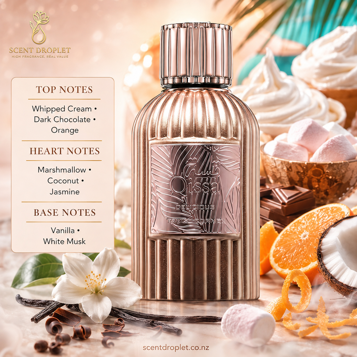 Qissa Delicious by Paris Corner fragrance notes - Whipped Cream, Dark Chocolate, Orange, Marshmallow, Coconut, Jasmine, Vanilla, White Musk