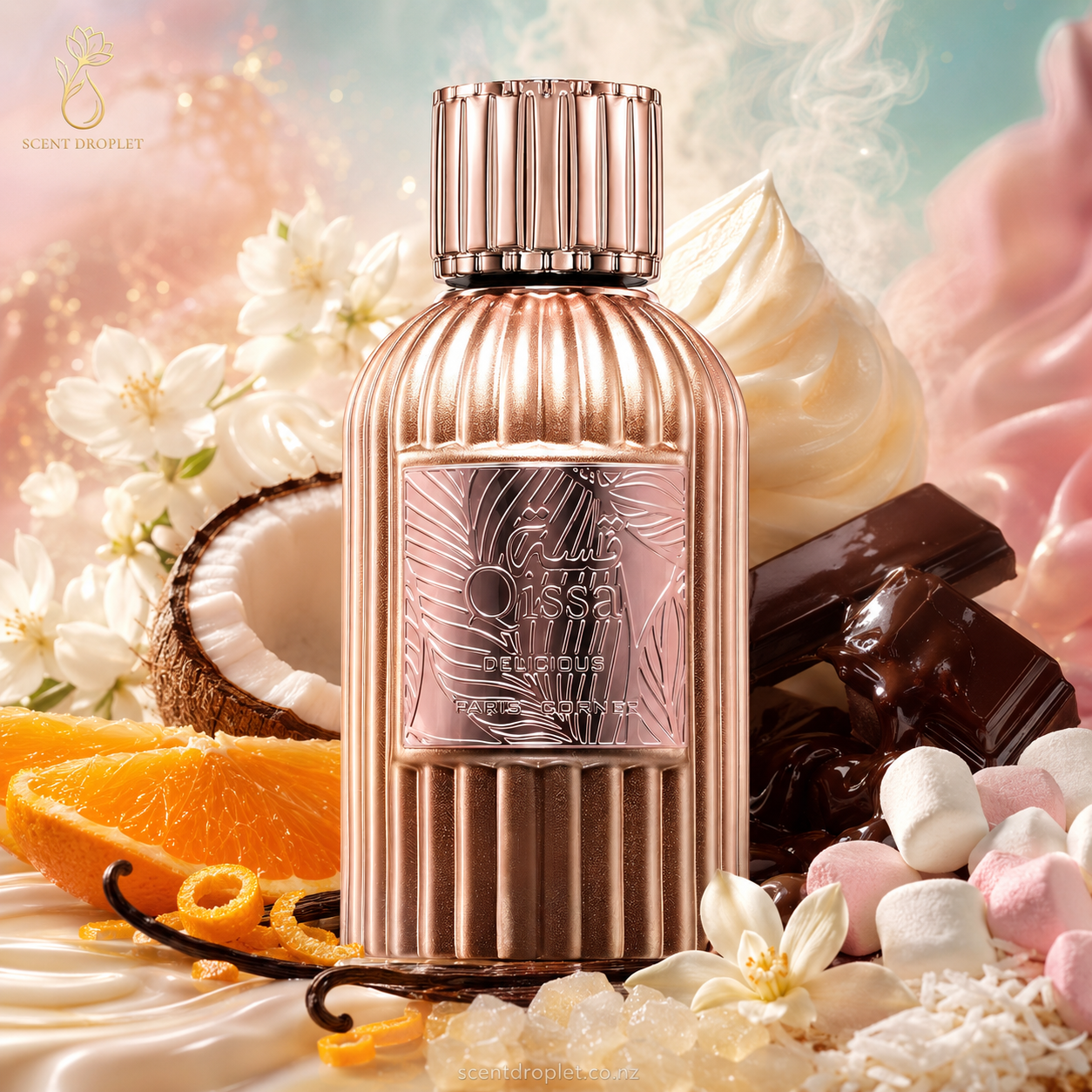 Qissa Delicious by Paris Corner EDP bottle surrounded by whipped cream, dark chocolate, orange, coconut and marshmallow