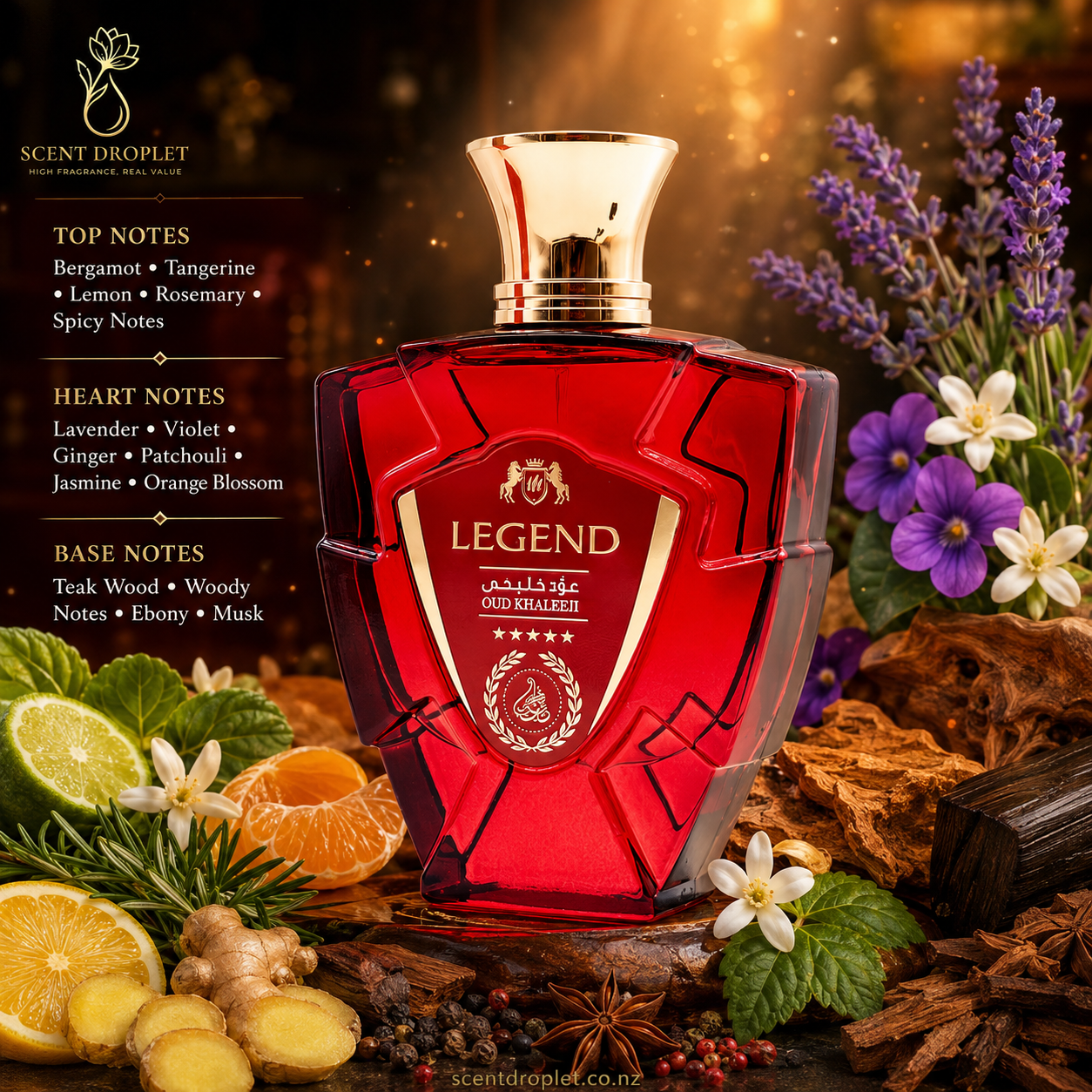 Legend Red by Oud Khaleeji fragrance notes - Bergamot, Tangerine, Lemon, Rosemary, Spices, Lavender, Violet, Ginger, Patchouli, Jasmine, Orange Blossom, Teak Wood, Ebony, Musk