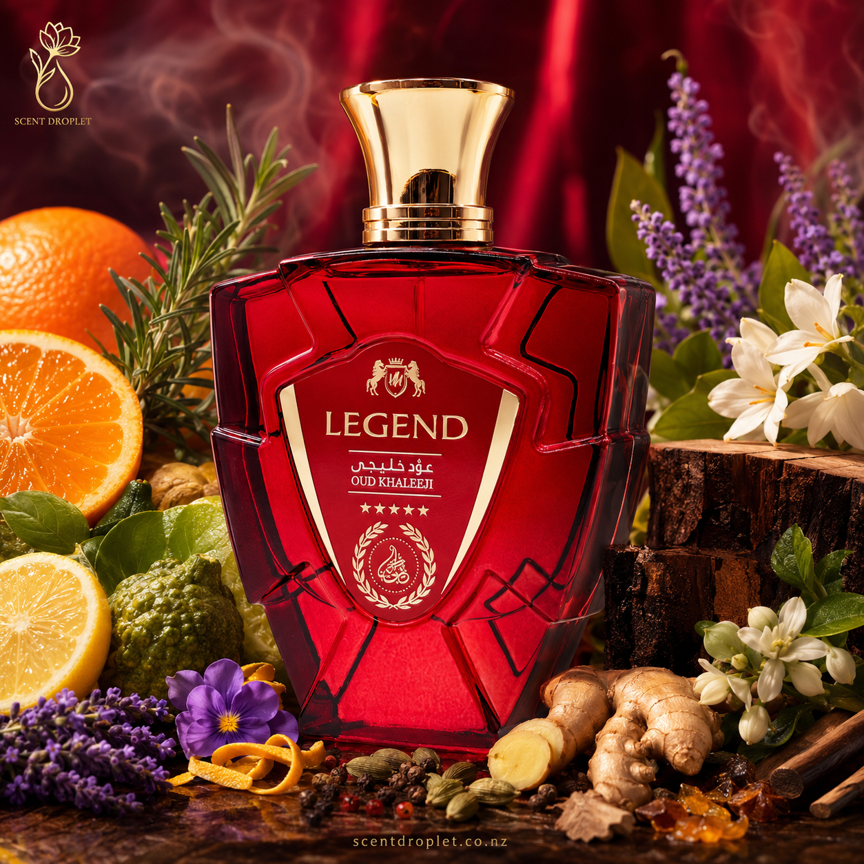 Legend Red by Oud Khaleeji EDP bottle surrounded by bergamot, tangerine, lemon, rosemary, ginger and lavender ingredients