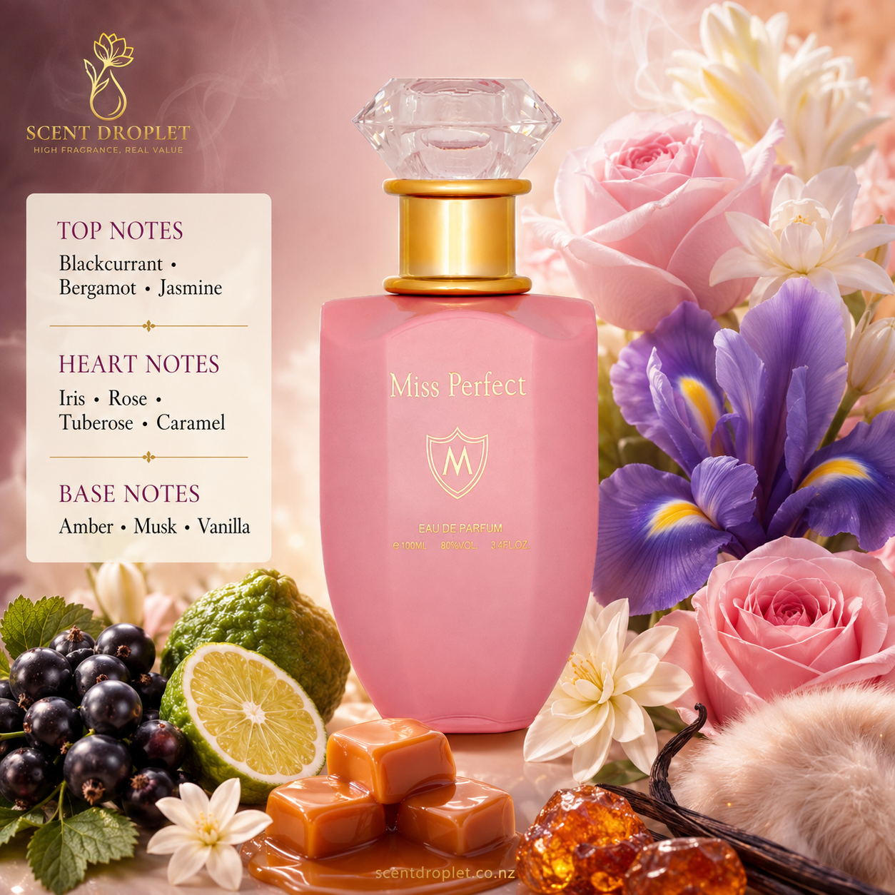 Miss Perfect by Mahabub fragrance notes - Blackcurrant, Bergamot, Jasmine, Iris, Rose, Tuberose, Caramel, Amber, Musk, Vanilla