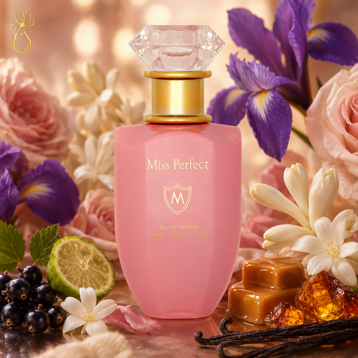 Miss Perfect by Mahabub EDP pink bottle surrounded by blackcurrant, bergamot, iris, rose, caramel and vanilla ingredients