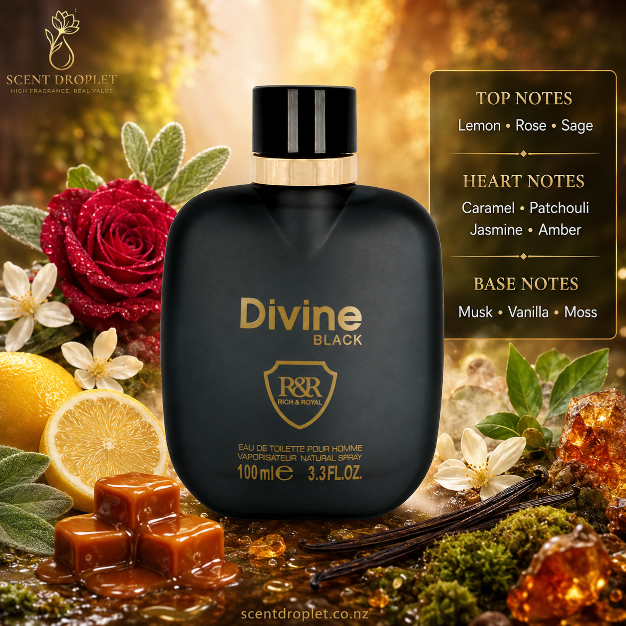 Divine Black by Mahabub fragrance notes - Lemon, Rose, Sage, Caramel, Patchouli, Jasmine, Amber, Musk, Vanilla, Moss