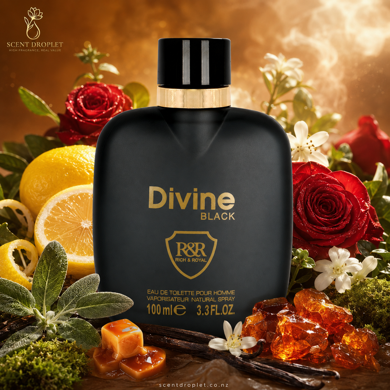 Divine Black by Mahabub EDP black bottle surrounded by lemon, rose, sage, caramel and vanilla ingredients
