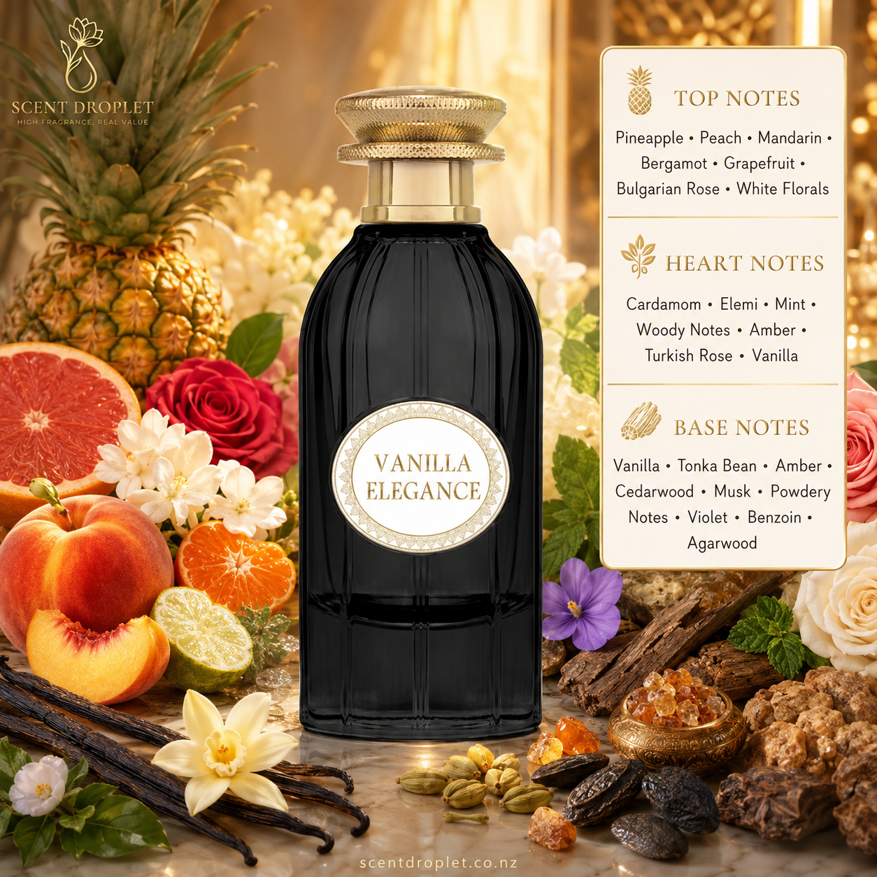 Vanilla Elegance Black by Oud Khaleeji fragrance notes - Pineapple, Peach, Mandarin, Bergamot, Grapefruit, Bulgarian Rose, Cardamom, Elemi, Mint, Amber, Vanilla, Tonka Bean, Cedarwood, Benzoin, Agarwood