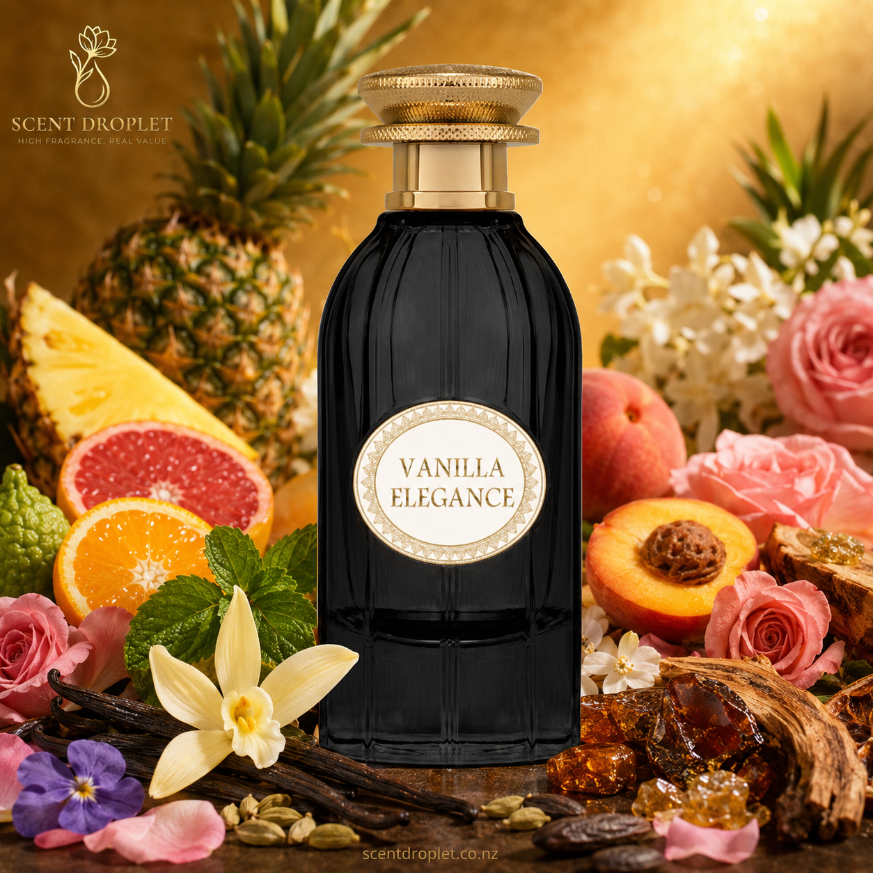 Vanilla Elegance Black by Oud Khaleeji EDP black bottle surrounded by pineapple, peach, citrus, rose and vanilla ingredients