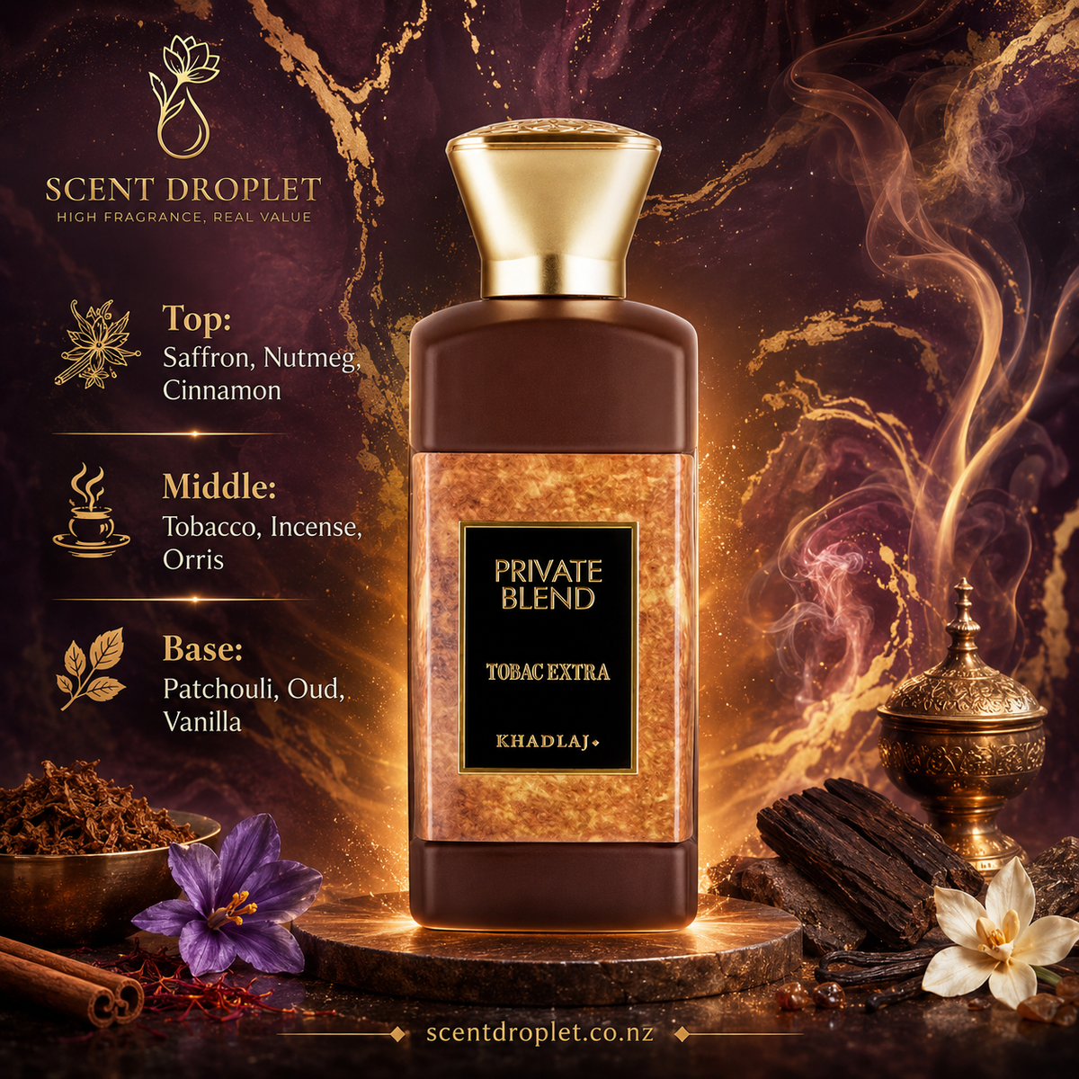 Tobac Extra by Khadlaj fragrance notes - Saffron, Nutmeg, Cinnamon, Tobacco, Incense, Orris, Patchouli, Oud, Vanilla