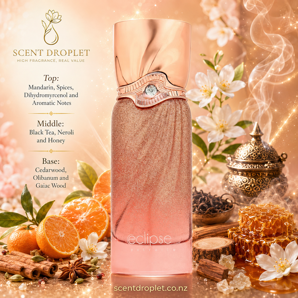 Eclipse by French Avenue fragrance notes - Mandarin, Spices, Dihydromyrcenol, Aromatic Notes, Black Tea, Neroli, Honey, Cedarwood, Olibanum, Guaiac Wood