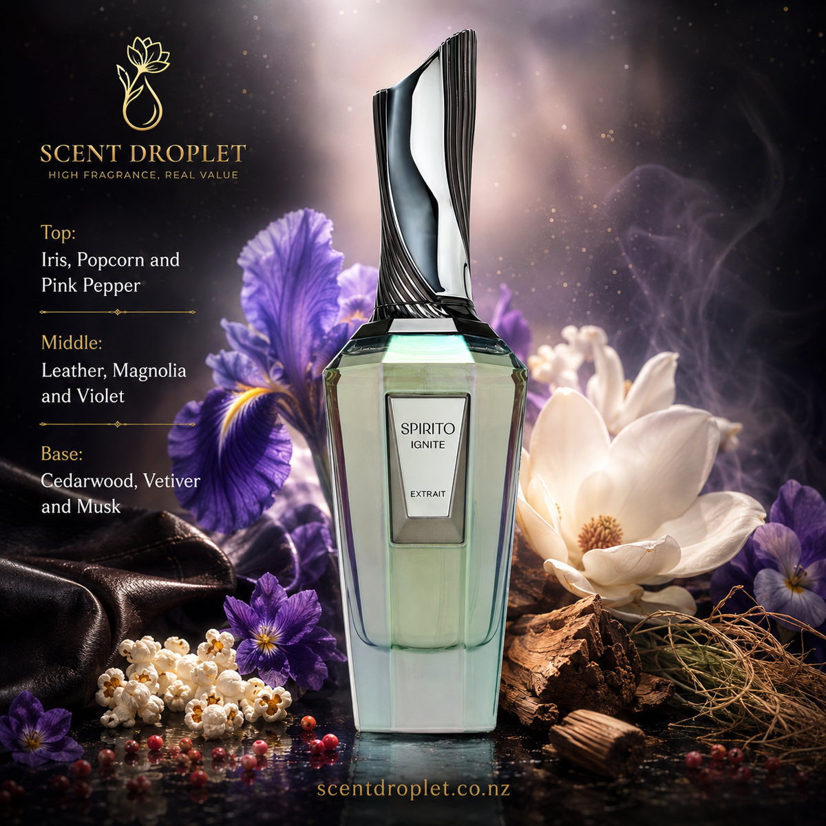 Spirito Ignite by French Avenue fragrance notes - Iris, Popcorn, Pink Pepper, Leather, Magnolia, Violet, Cedarwood, Vetiver, Musk