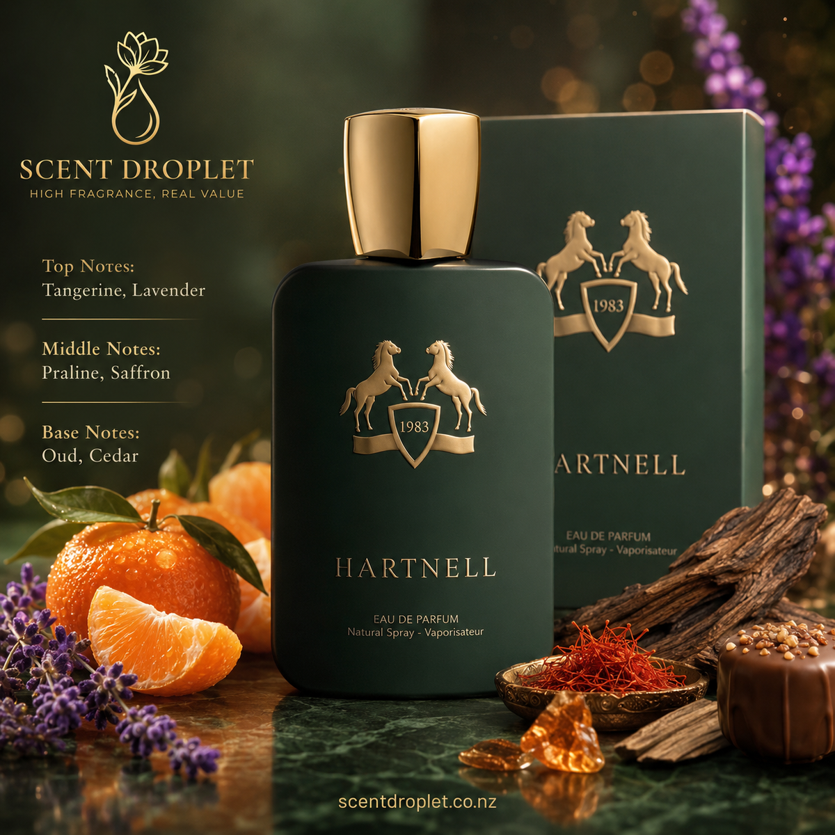 Hartnell by Fragrance World fragrance notes - Tangerine, Lavender, Praline, Saffron, Oud, Cedar