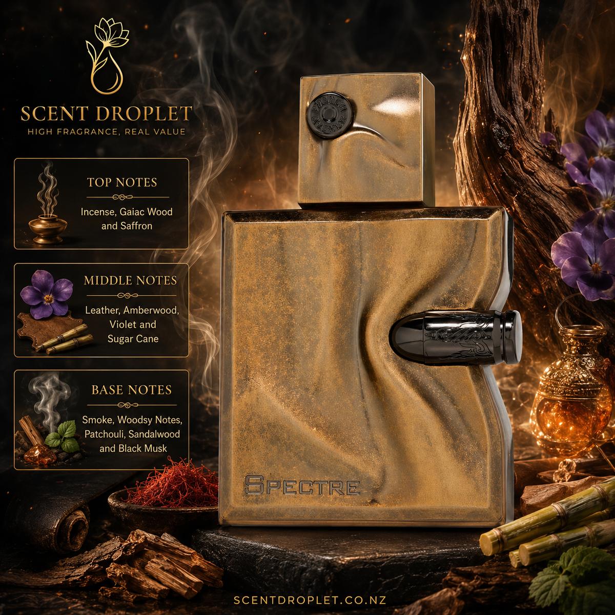Spectre by Fragrance World fragrance notes - Incense, Guaiac Wood, Saffron, Leather, Amberwood, Violet, Sugar Cane, Smoke, Woody Notes, Patchouli, Sandalwood, Black Musk
