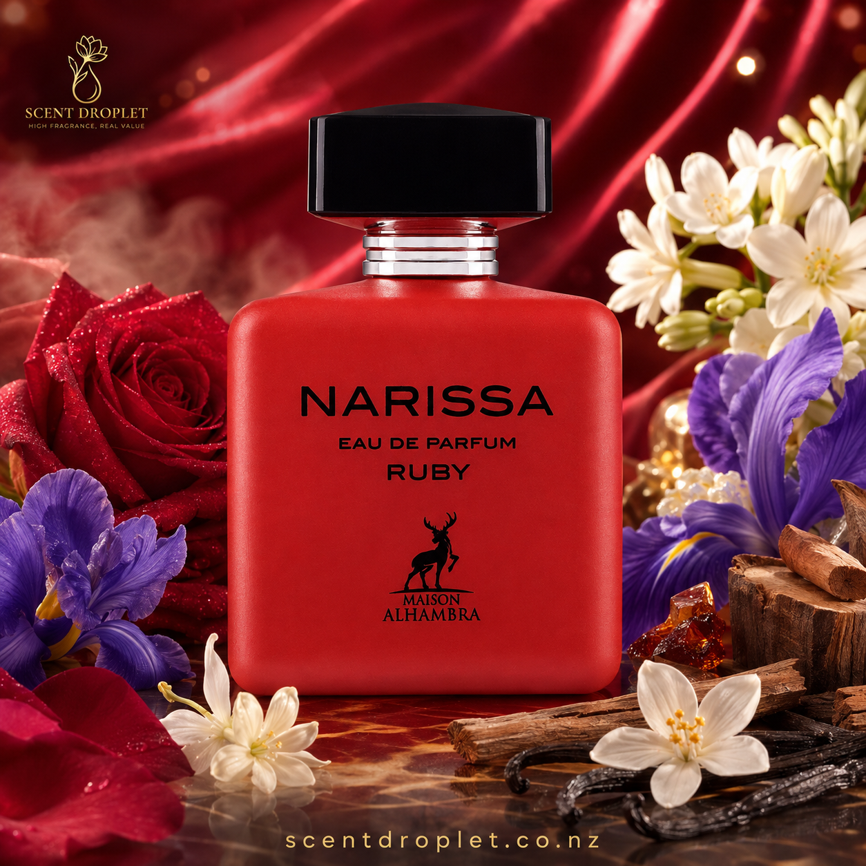 Narissa Ruby by Maison Alhambra EDP bottle with roses and florals
