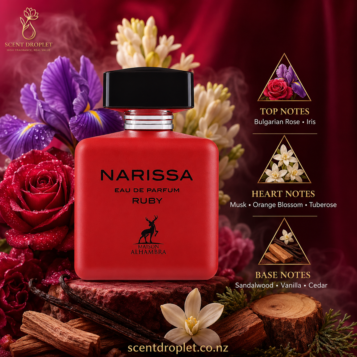 Narissa Ruby by Maison Alhambra EDP bottle with fragrance notes pyramid