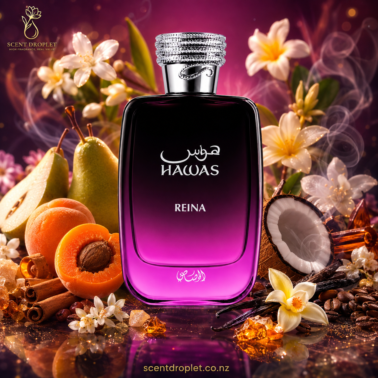 Hawas Reina by Rasasi EDP bottle with apricot, pear and florals