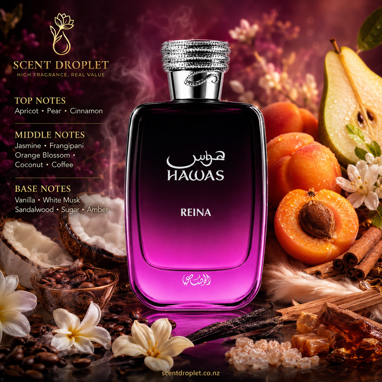 Hawas Reina by Rasasi EDP fragrance notes - top, middle and base notes