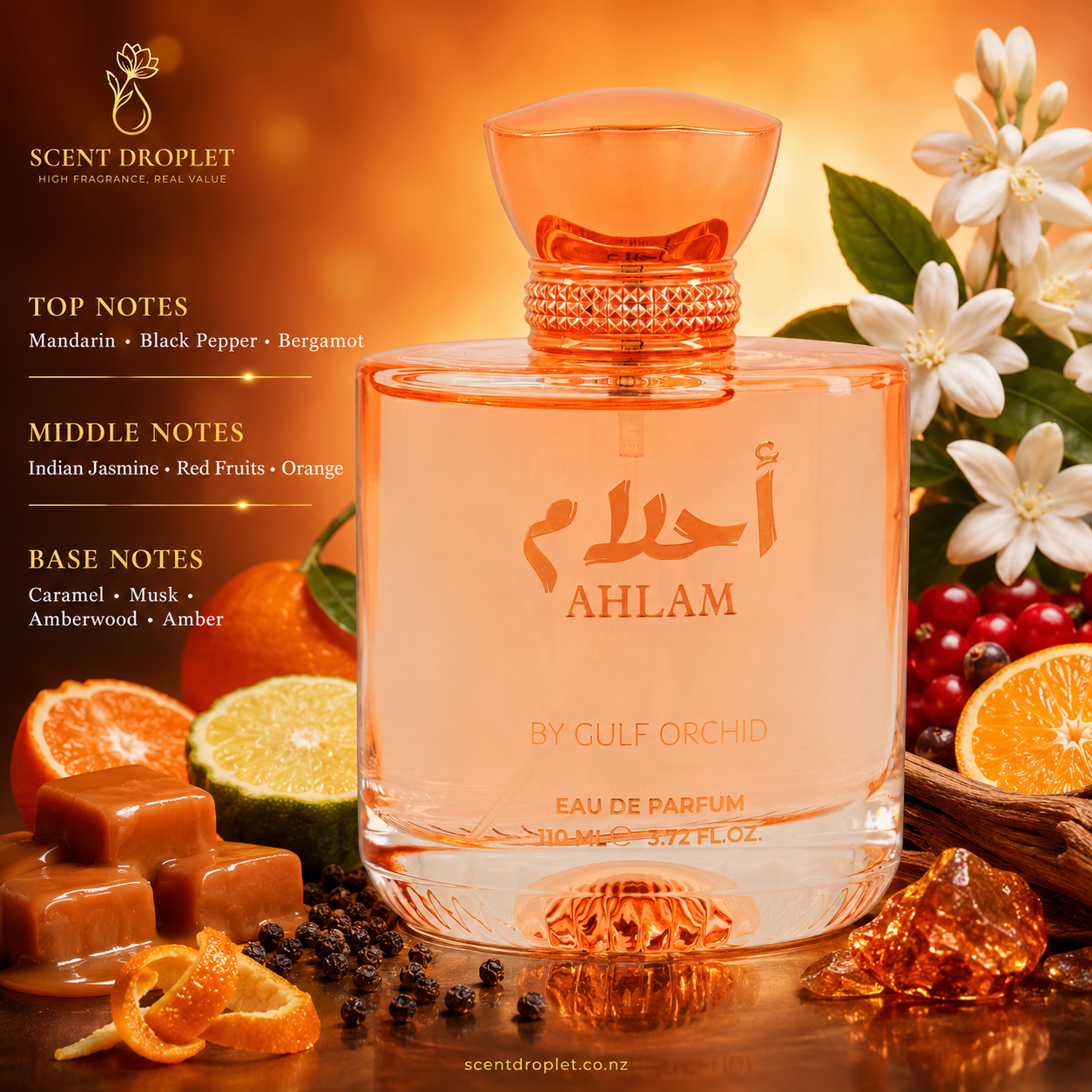 Ahlam by Gulf Orchid Eau de Parfum bottle with ingredients