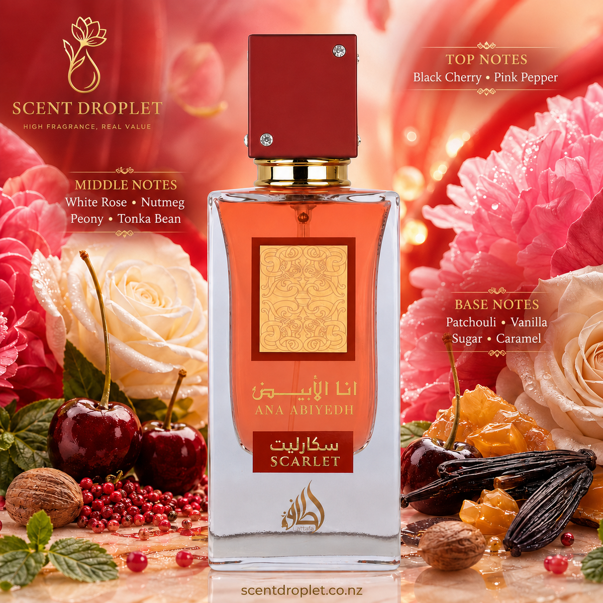 Ana Abiyedh Scarlet by Lattafa Eau de Parfum decant bottle with notes
