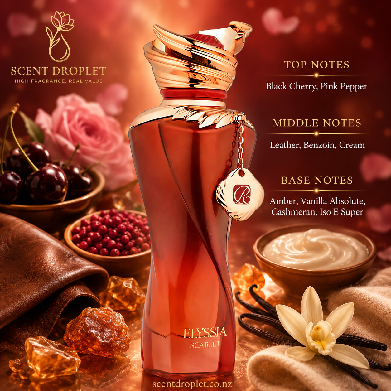 Elyssia Scarlet by Riiffs Eau de Parfum decant bottle with notes